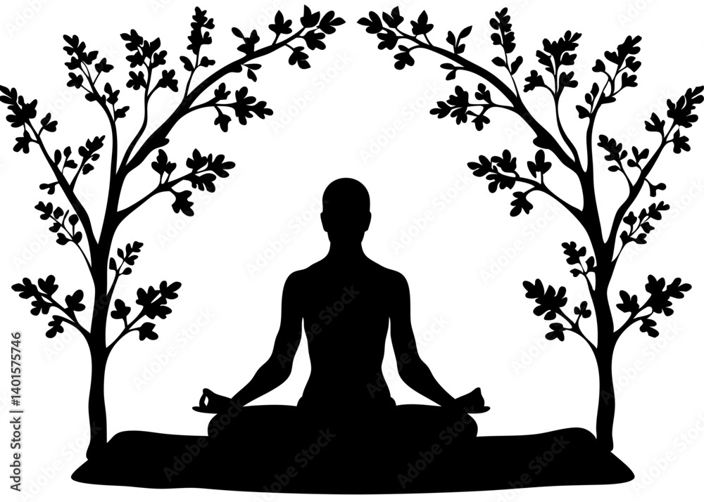 Silhouette of person meditating in lotus position under an arch of trees in black and white style Silhouette of person meditating in lotus position under an arch of trees in black and white style