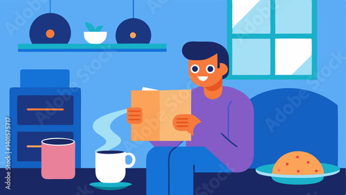 News Update An individual in the living room listening to the news from a smart speaker while enjoying breakfast with a newspaper in hand.