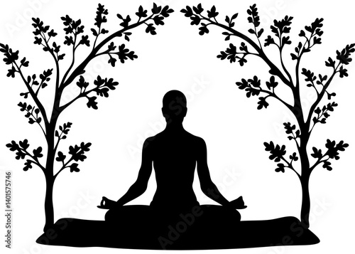 Silhouette of person meditating in lotus position under an arch of trees in black and white style