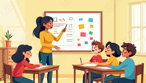 Teacher giving a lesson in classroom using chart board while elementary students attentively watch and write.