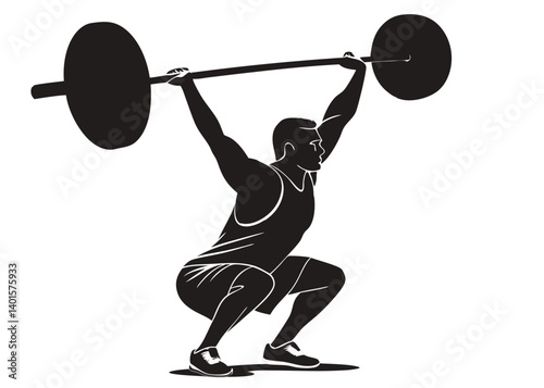 Silhouette of a man squatting while lifting a barbell overhead in a weightlifting exercise pose design