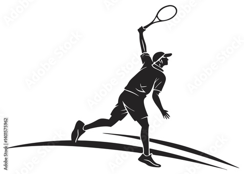 Silhouette of a tennis player serving with raised arm and racket on a stylized ground line art