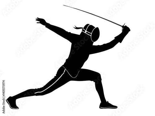 Silhouette of a fencer in action with foil and mask in a dynamic pose ready to strike forward fast