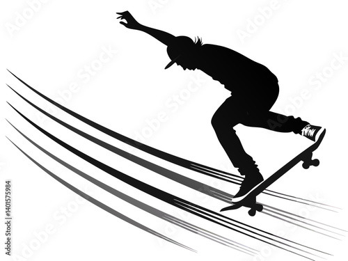Silhouette of a skateboarder performing a trick with motion lines on a white background design art