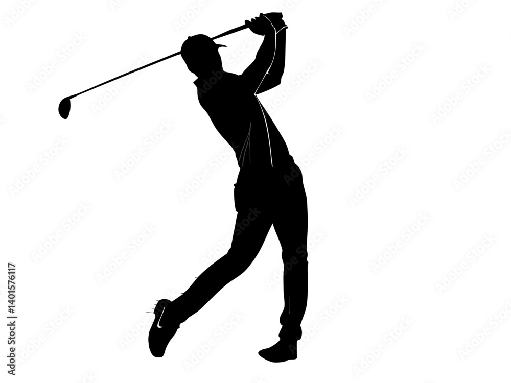 Obraz premium Silhouette of a golfer in mid swing with club raised high against a white background showing action shot