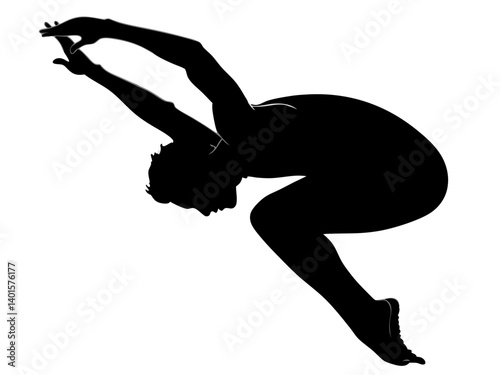 Silhouette of a diver poised to jump with arms extended and body arched in a diving position ready to leap