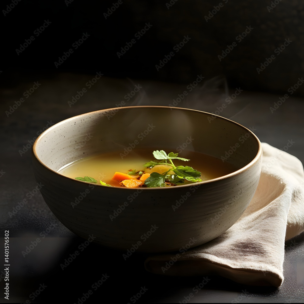 Broth-Based Main. A steaming bowl of rich, aromatic broth vibrant vegetables, in a handmade ceramic bowl with folded linen napkin. Bowl of soup with noodles, vegetables and herbs on dark background Broth-Based Main. A steaming bowl of rich, aromatic broth vibrant vegetables, in a handmade ceramic bowl with folded linen napkin. Bowl of soup with noodles, vegetables and herbs on dark background