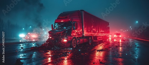 Nighttime semi-truck accident on a wet road.