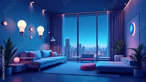 Modern living room with ambient lighting and futuristic digital screen in a smart home environment.