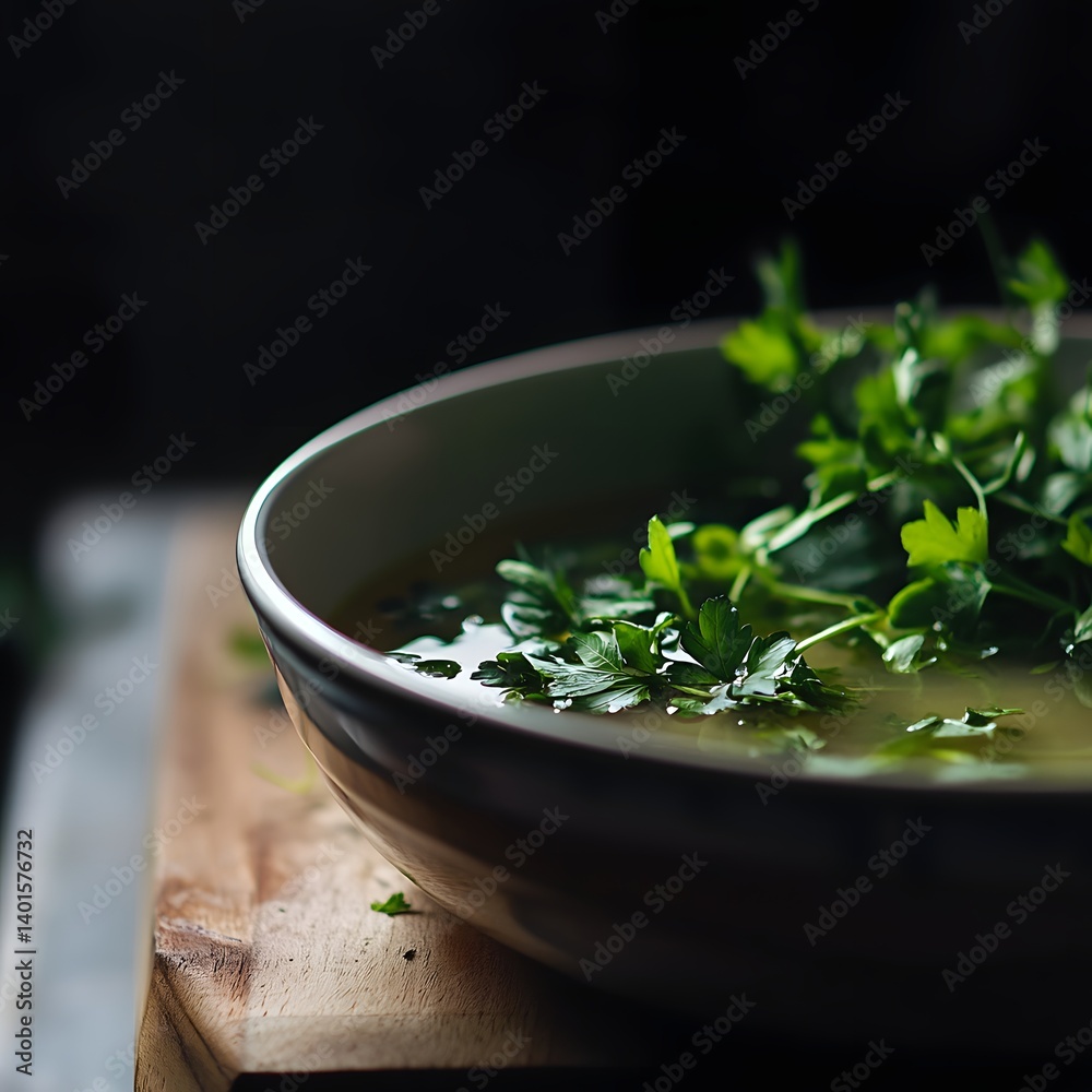 Creamy vegetable soup with parsley in bowl on wooden table. Creamy vegetable soup with parsley in bowl on wooden table.