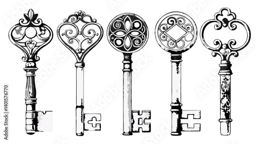 Five antique keys with intricate designs arranged in a row against a white background image view