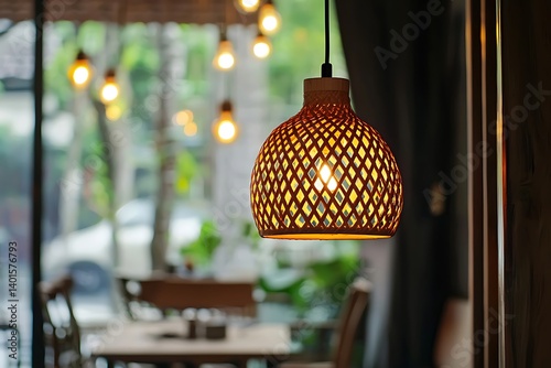 Modern lamp in living room at restaurant Cozy wooden interior restaurant, copy space Comfortable modern dining place, contemporary design background