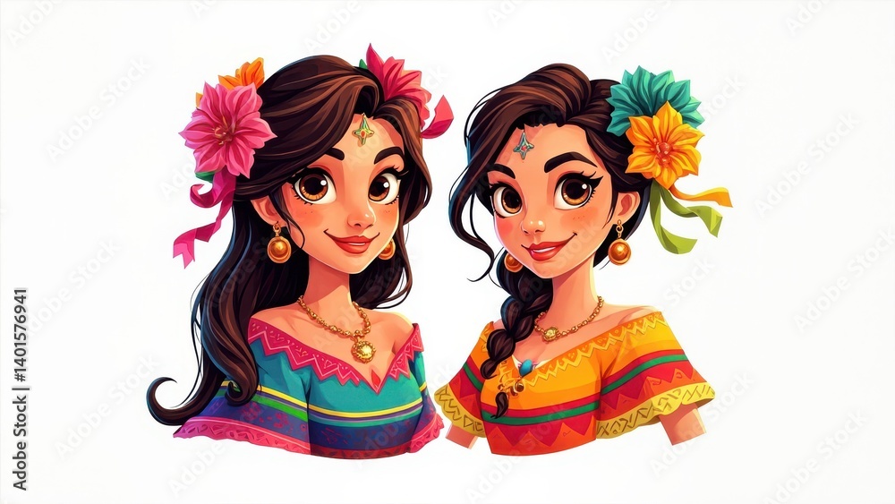 Obraz premium Two figures in vibrant traditional dresses are adorned with floral hair accessories and jewelry. One dress features blue-green-pink stripes, the other in yellow-orange-red tones, reflecting cultural b