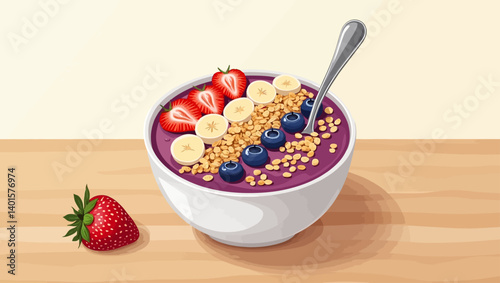 A breakfast bowl filled with granola, banana slices, strawberries and blueberries, placed on a wooden table.