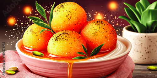 Delicious Traditional Indian Gulab Jamun Dessert with Sweet Sugar Syrup Garnished with Green Pistachios and Fresh Leaves Decorative Bowl Vector Illustration