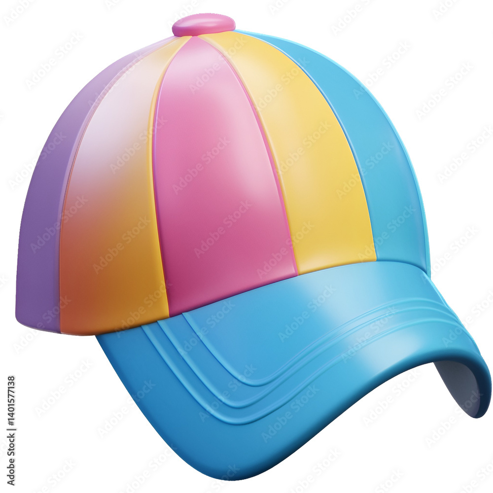 Fototapeta premium 3D RENDERING of colorful baseball cap in blue, pink, yellow, and teal for fashion, casual wear, and youth content