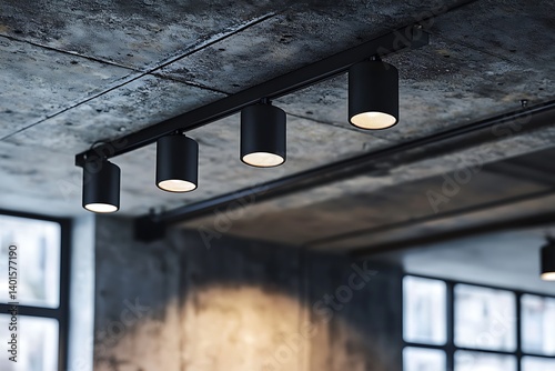 Modern LED black track spotlights in the interior Hanging lamps spotlights attached to a concrete ceiling in an office loft room