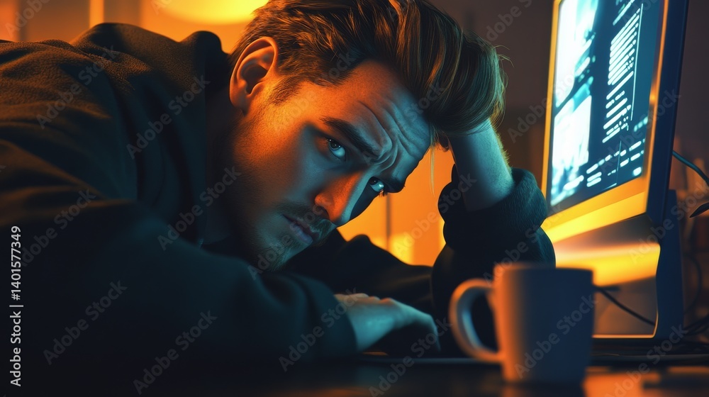 A man is sitting at a desk with a computer monitor in front of him. He is looking at the screen with a frown on his face. There is a cup of coffee next to him A man is sitting at a desk with a computer monitor in front of him. He is looking at the screen with a frown on his face. There is a cup of coffee next to him
