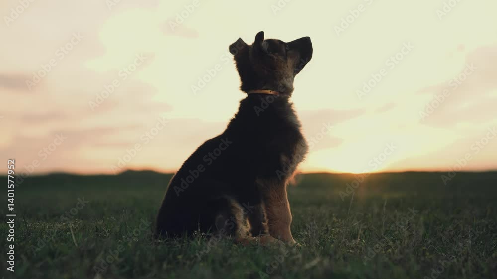 the dog performs the cynologist's command at sunset. little shepherd puppy. eat from owner's hand park, field, forest, grass, outdoors. well-bred young dog. cynologist teaches pet dog evening walk. the dog performs the cynologist's command at sunset. little shepherd puppy. eat from owner's hand park, field, forest, grass, outdoors. well-bred young dog. cynologist teaches pet dog evening walk.