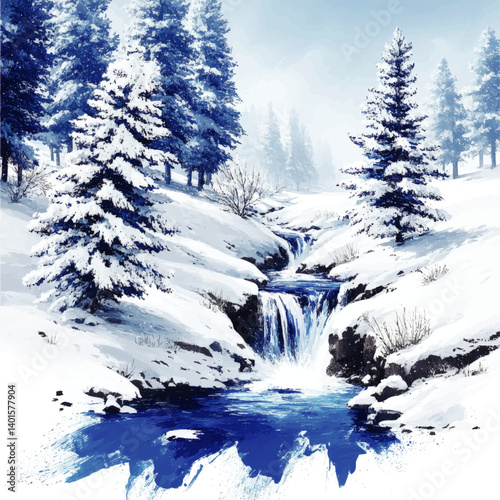 Stunning Vector Illustration of Serene Winter Scenery Featuring Snowy Pine Trees Surrounding Peaceful Blue Waterfall in Natural Forest Landscape for Winter Themed Projects