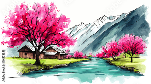 Beautiful Vector Illustration of Serene Mountain Landscape with Flowing River Rustic Wooden Cabin Vibrant Blooming Pink Trees and Snow Capped Mountains Scenic Nature Art