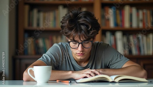 Young student reading a book and studying at home