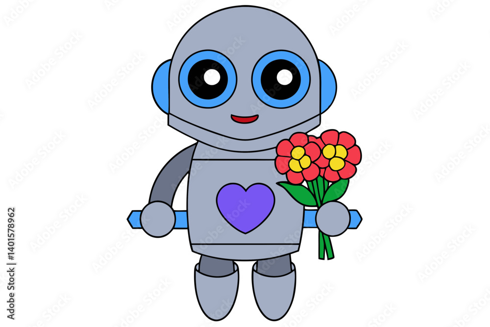 Obraz premium Cartoon Robot Giving Floral Bouquet