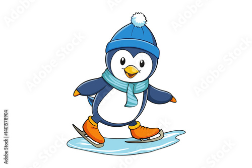 Cartoon Penguin on Ice Rink with Hat