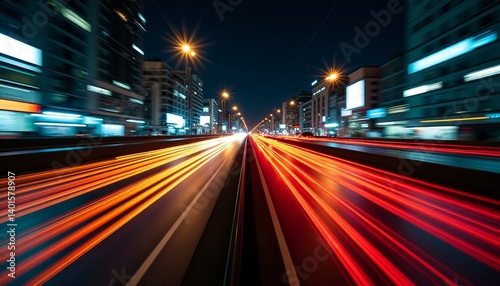 Light trails illuminating highway leading to urban skyscrapers at night