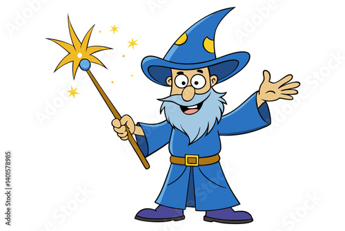 Cartoon Sorcerer Using Magic Wand