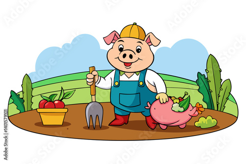 Cartoon Pig Farming in Field with Plants