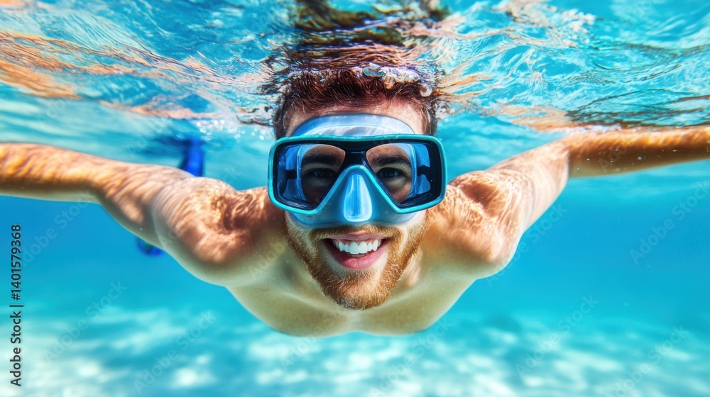 Naklejka premium Joyful Man Swimming Underwater with Snorkel Gear and Smiling in Clear Blue Ocean Water