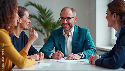 Smiling businessman signing contract with coworkers in modern office