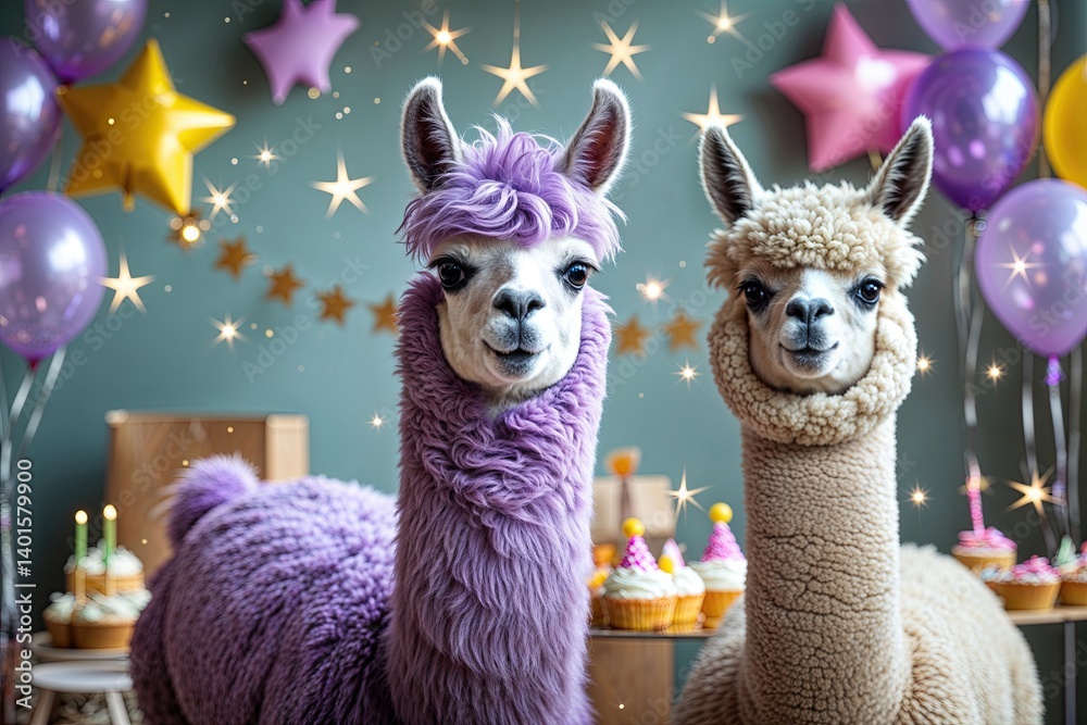 Fototapeta premium Vibrant Lavender Llama and Alpaca Birthday Party with Twinkling Stars and Festive Decor