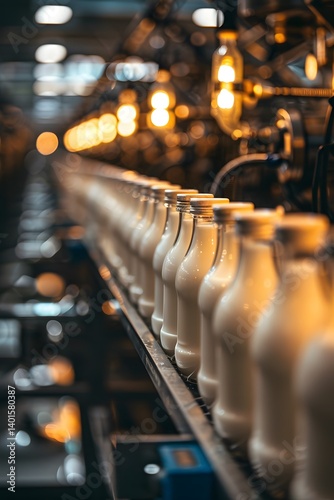 Rows of glass milk bottles line a production line in a dairy facility, surrounded by warm lights. Workers ensure the flow of products as evening descends, creating a bustling atmosphere