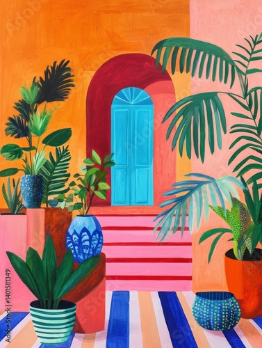 Bright plants surround a cheerful blue door in a sunny courtyard