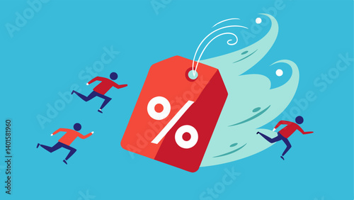 Price Tag Wind A strong wind effect illustrated with swirling price tags and falling percentages that push the shoppers forward in excitement.