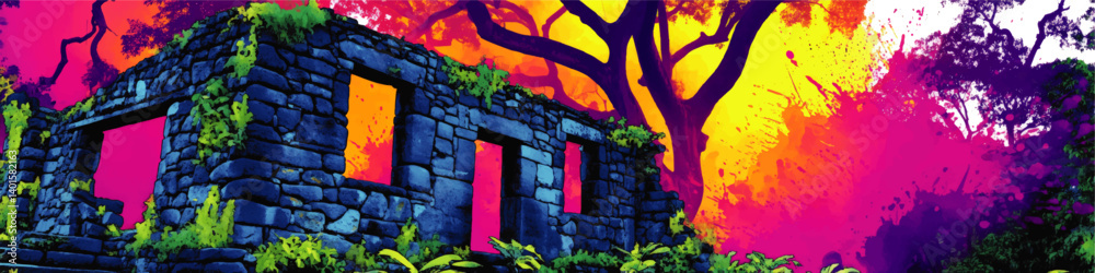 Obraz premium Mystical Vibrant Ruins in Tropical Jungle Colorful Vector Illustration Abandoned Ancient Stone Temple Overgrown Nature Fantasy Sunset Background Digital Art Design