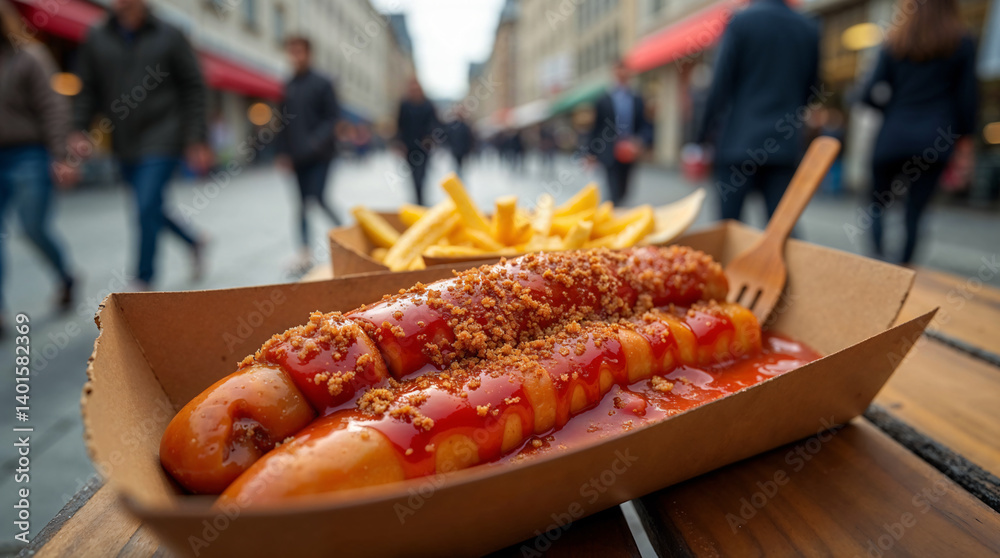 Obraz premium Delicious street food with currywurst and fries on a table
