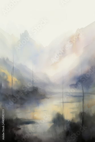 Delicate watercolor landscape painting. Misty scenery with calm lake and forest. Distant mountains in the background.