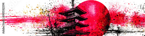 Japanese Pagoda Vector Art with Red Rising Sun Abstract Watercolor Illustration Background Traditional Asian Culture Stylized Ink Brushstroke Design Grunge Textures