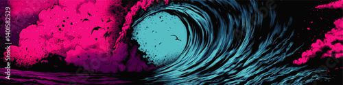 Stunning Vibrant Blue Ocean Wave Vector Art with Pink Sunset Clouds Surreal Nature Scene Featuring Birds Captivating Dynamic Illustration for Wallpapers Digital Prints