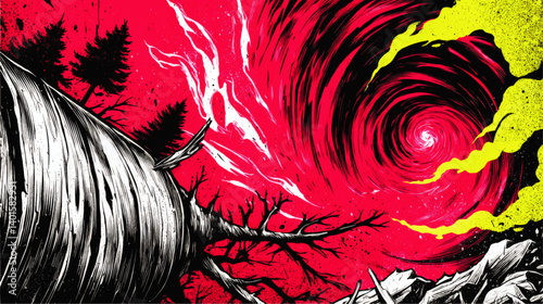 Vivid Abstract Vector Illustration of Surreal Red Black Spiral Vortex with Bright Green Smoke Trees Rocks and Fantasy Landscape Artistic Psychedelic Scenery Background