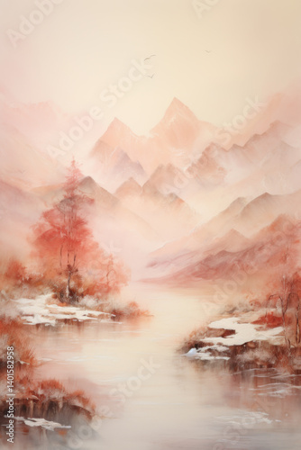 Delicate watercolor landscape painting. Misty scenery with calm lake and forest. Distant mountains in the background.
