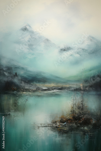 Delicate watercolor landscape painting. Misty scenery with calm lake and forest. Distant mountains in the background.
