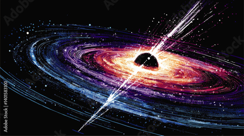 Cosmic Illustration of a Vibrant Black Hole in Space with Colorful Accretion Disk Galaxy Elements and Dynamic Energy Waves Astronomy Vector Background Graphic Art