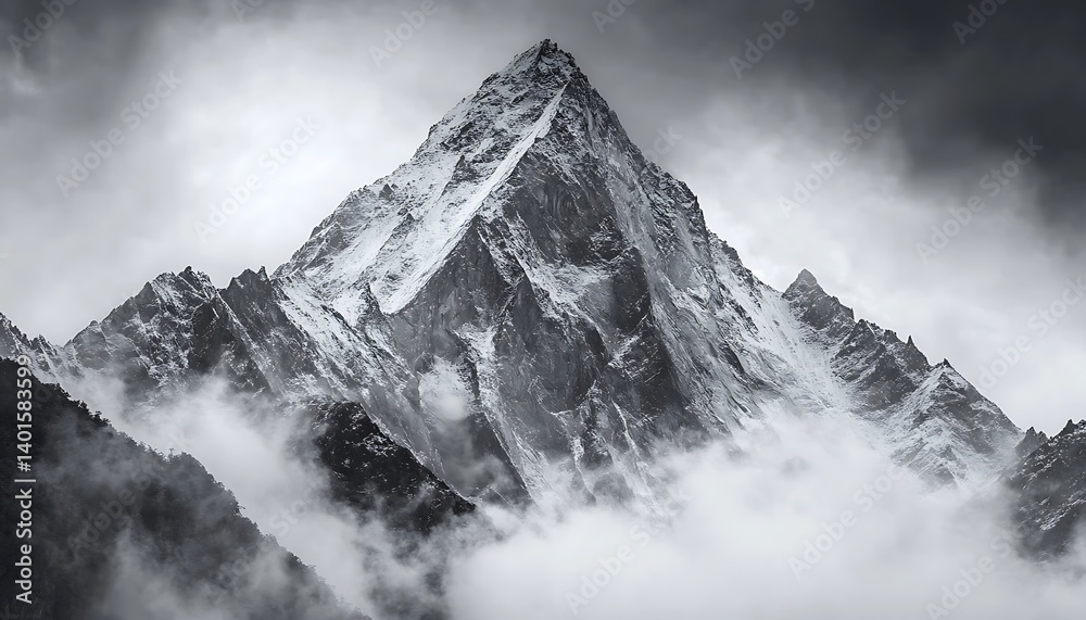 Obraz premium Snowy Peak, Cloudy Mountain