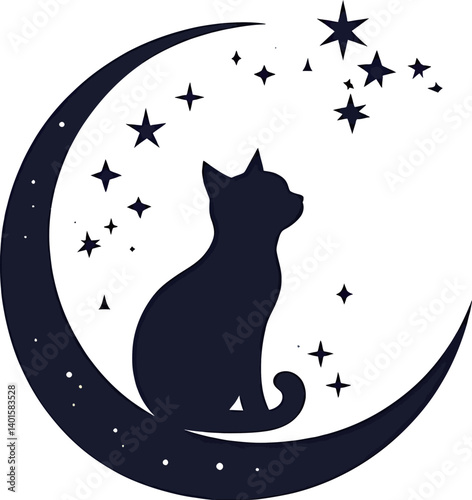 A whimsical silhouette of a cat sitting on a crescent moon against a starry night.