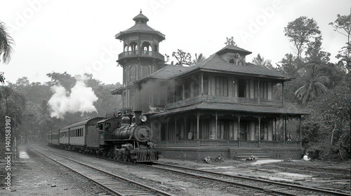 Vintage Steam Train at a Tropical Station