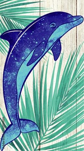 Vibrant Vector Illustration of Playful Blue Dolphin with Tropical Palm Fronds on Rustic White Wooden Background Perfect for Marine Life and Coastal Themed Designs